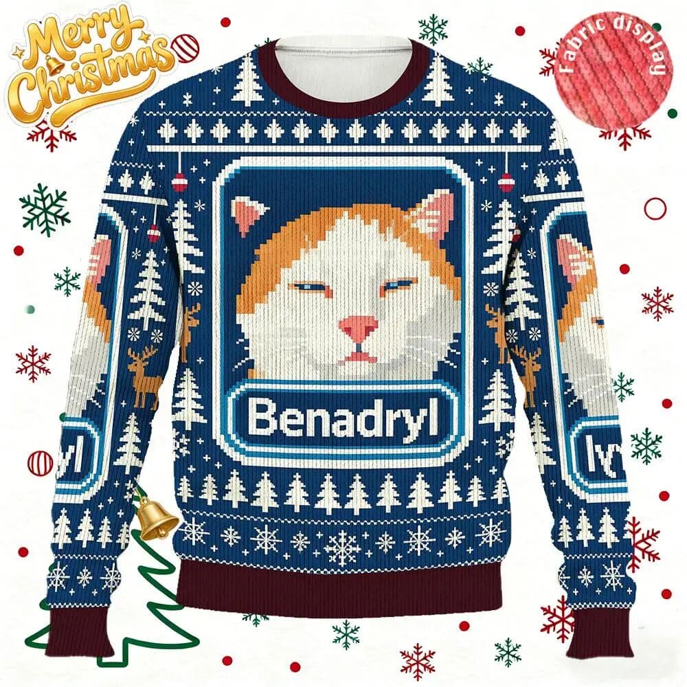 NONE Funny Benadryl Meme Cat Christmas Ugly Sweater Cartoon Cat Printed Holiday Party sweatshirt  Year’s Unisex Loose O-Neck Tops