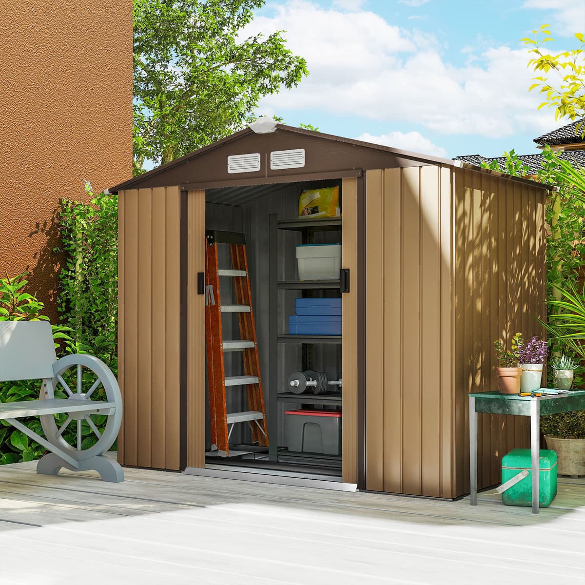 Altro Casetta Da Giardino Porta Utensili In Lamiera Con Porte Scorrevoli, 213x130x185cm, Giallo