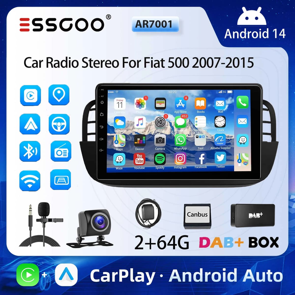ESSGOO Car Radio Stereo For Fiat 500 2007-2015 64G Android 14 CarPlay Android Auto Head Unit Bluetooth WIFI BT RDS FM GPS CAM