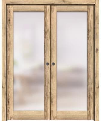 SARTODOORS Planum 2102 Oak Wood Double Sliding Pocket Doors with Frosted Glass