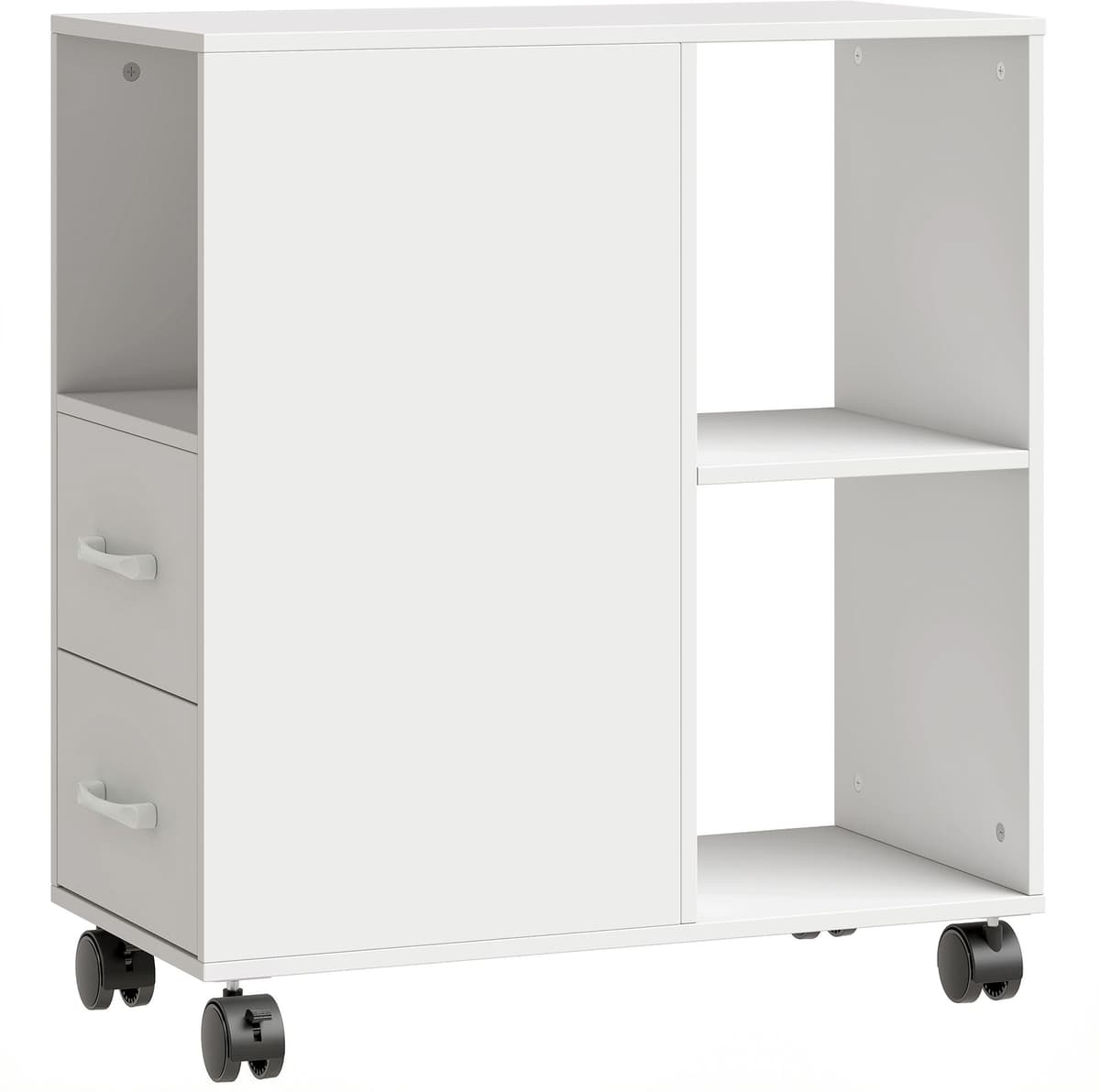Altro Tavolino Con Ruote Minimal Con 2 Cassetti, Vano Aperto E Ripiano Regolabile, In Legno, 60x30x65 Cm, Bianco