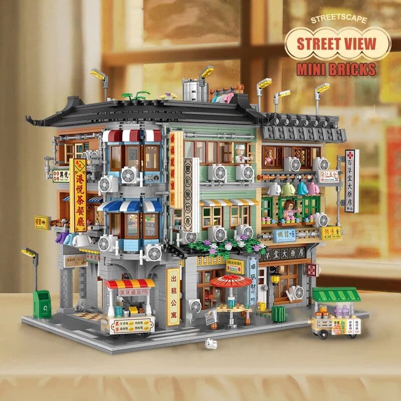 FINGERROCK City Hongkong Retro Street View Building Blocks Creative Corner Commercial Architecture Pharmacy Mini Bricks Construction Toys