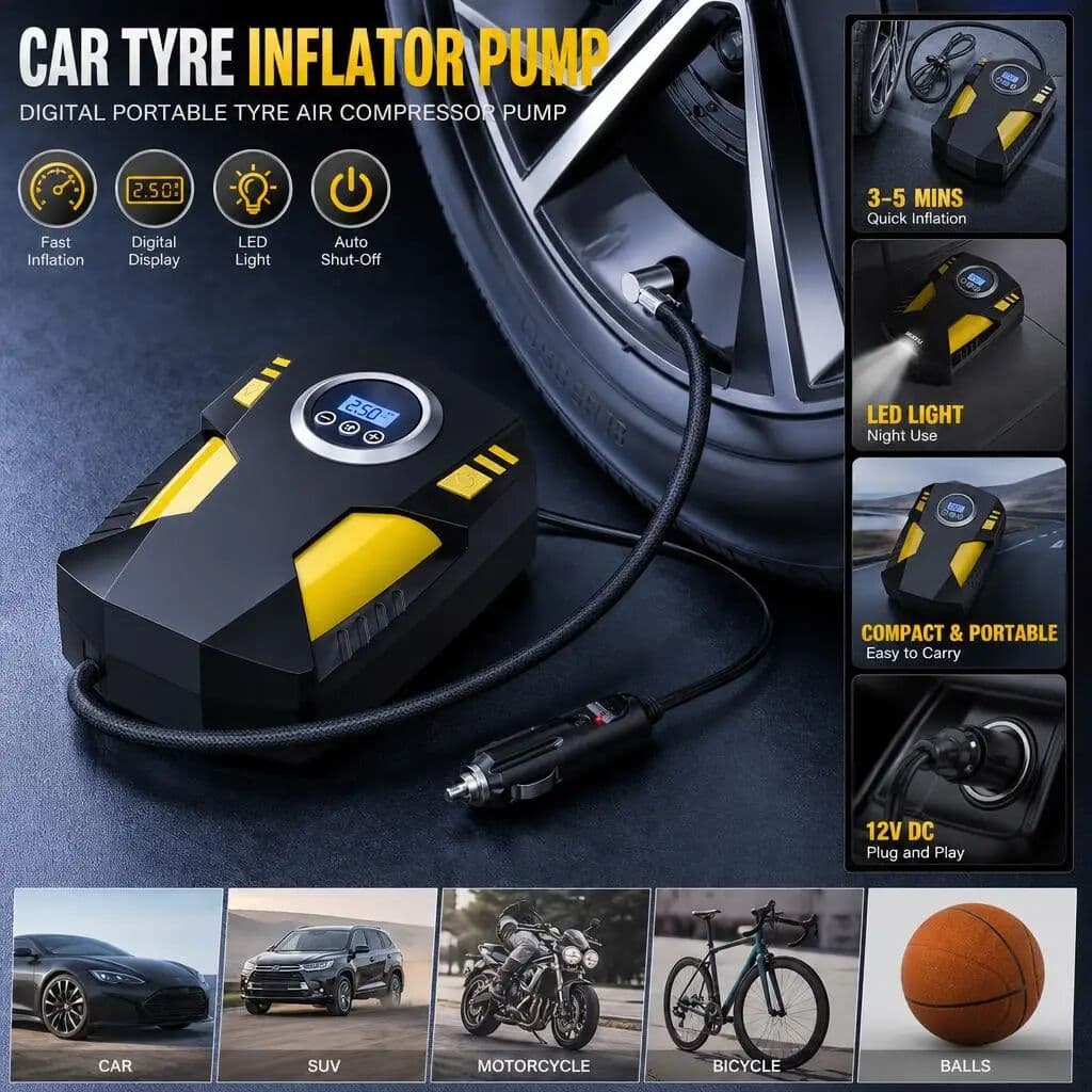 NONE Digital Car Tyre Inflator Pump 12v Portable Air Compressor With Auto Shut-Off For Car Motorcycle & Bicycle