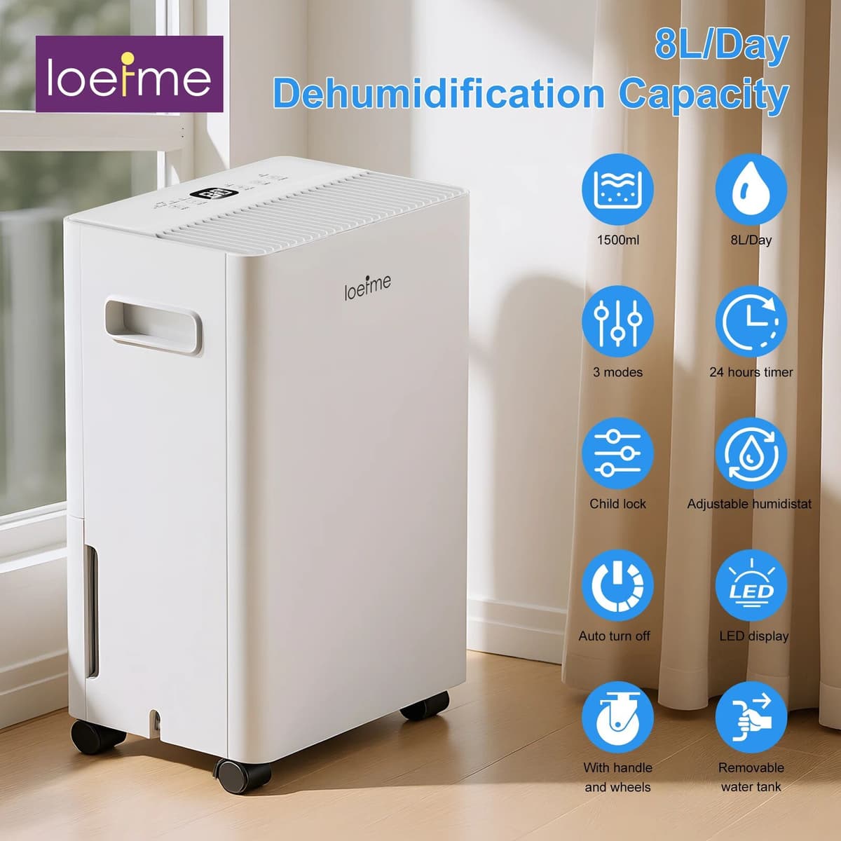 LOEFME Dehumidifier for Bedroom 8L/Day Electric Moisture Absorbers 1.5L Purifying Dehumidifier with Wheel Water Pipe Odor Mute
