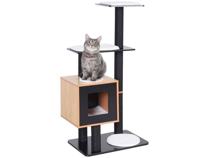 PawHut Arbre à chats design contemporain griffoirs grattoirs sisal naturel centre d'activités niche plate-formes jeu boules suspendues 71,5L x 49,5l x 120H cm MDF noir hêtre