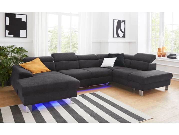 U-Form Wohnlandschaft, Microfaser PRIMABELLE, Braun, 320 cm, Mit Kopfteilverstellung & RGB-LED-Beleuchtung, Cotta