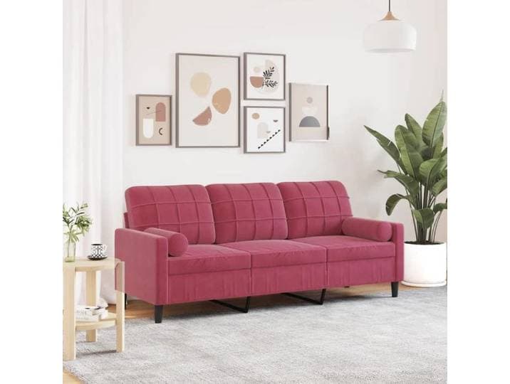 Canapé 3 places en velours rouge bordeaux - Assise rembourrée - Dossier confortable - 197 x 77 x 80 cm{49465}