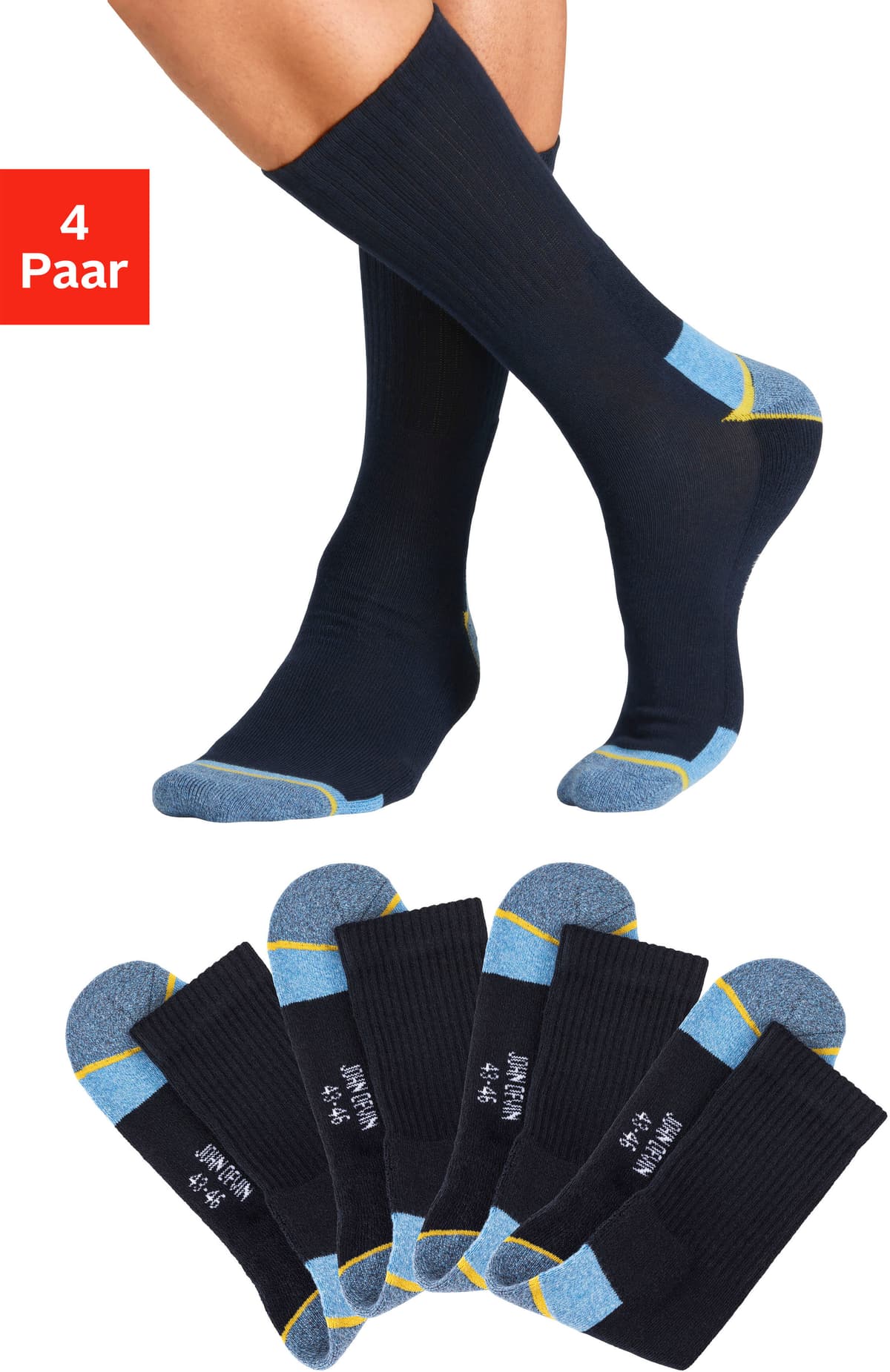 Arbeitssocken JOHN DEVIN "Herrensocken mit breitem geripptem Schaft", Herren, Gr. 39-42, Sockengrösse, blau (4x marine), Baumwollmischung, elastisch, Socken Arbeitssocken, Mit Hochfersen und Überzehen Plüsch 4x marine 39-42, Sockengrösse