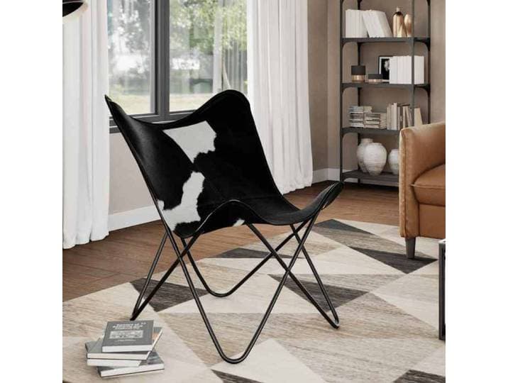 Noir Fauteuil simple Magnifique Chaise papillon noir et blanc cuir de vache 74x66x90cm CL2886015