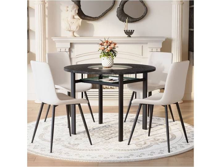 MEUVYX Table de Salle à Manger Ronde avec 4 Chaises Blanches Insert et Étagère en Verre MDF et Métal Noir et Blanc