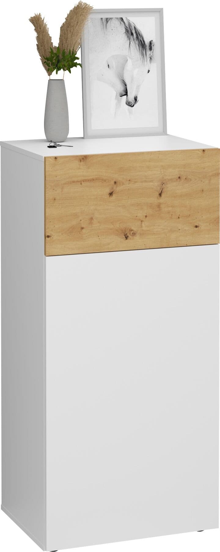 Kommode FMD "Belm", weiss (brillantweiß, artisan eiche), B:54,5cm H:115cm T:41,7cm, Sideboards, Kommode, Grifflose Kommode mit Tür und Schubkasten, Breite 55 cm brillantweiß, artisan eiche B/H/T: 54,5cm x 115cm x 41,7cm, 1 Stk., 1 Stk.