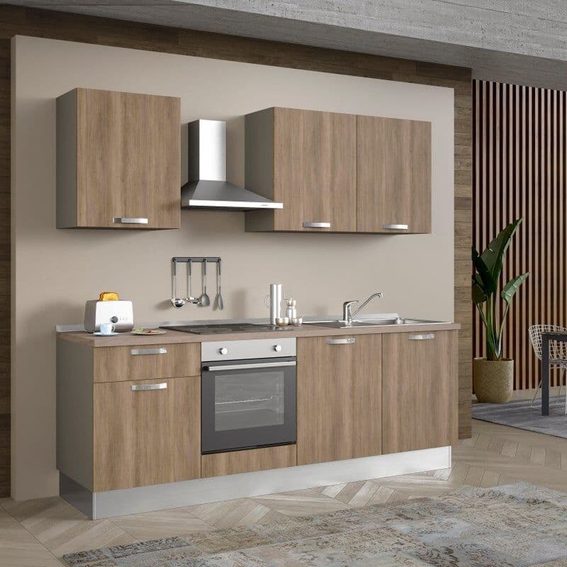 Leroy Merlin Cucina montata Dora rovere chiaro, lavello a destra, L 240 cm, completa di: cappa a camino, piano cottura a induzione, forno,