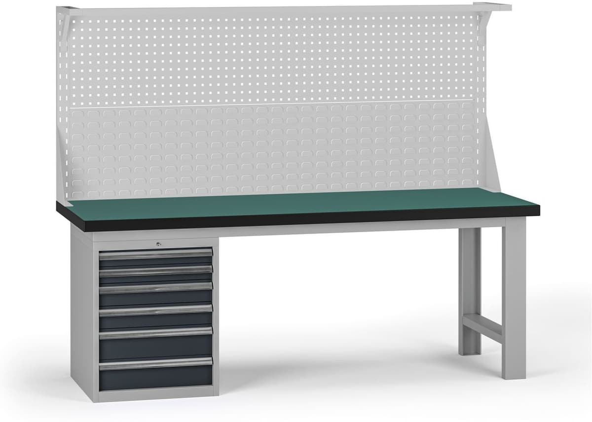 B2B Partner Stół warsztatowy G8 z panelem, 2100 x 750 x 800 mm, 1x kontener, 6x szuflada, grafitowy