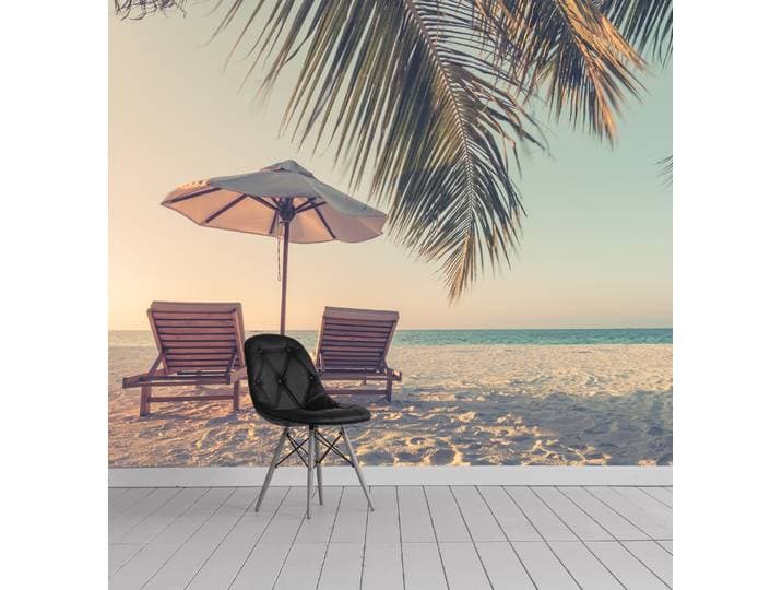 Fototapete QUEENCE Strandliegen am Meer , gold (goldfarben), B:360m H:250m, Vinyl, Tapeten, Fototapete, Wandpaneele, selbstklebend, Tapete, Sticker, Wanddeko, XXL-Fotomotiv