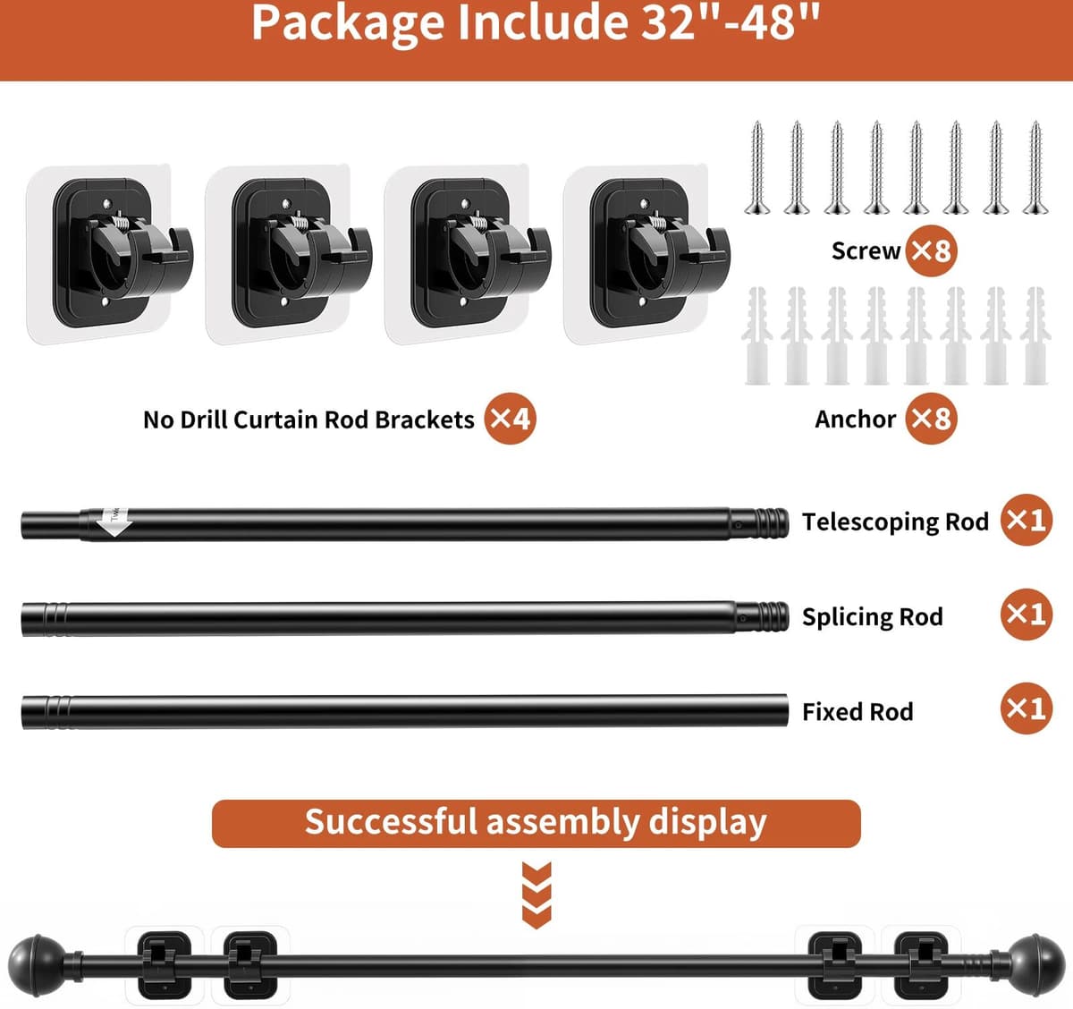 NONE Modern Drape Curtain Rod 81-213cm, Renter Safe Self-Adhesive Brackets, Durable Iron for Indoor Outdoor Window Decor