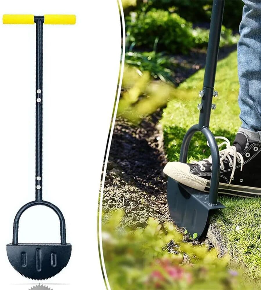 NONE Metal Half-Moon Shovel - A Heavy-Duty Manual Lawn Trimming Tool with an Ergonomic Handle, Suitable for Patios and Gardens.