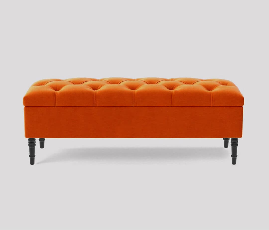 R&M Furnishers Alyana Wide Tufted Rectangle Ottoman Storage Bench - Upholstery Velvet Shoe Bench with Turned Wooden Legs Burnt Orange 120cm W x 40cm H x 40cm D