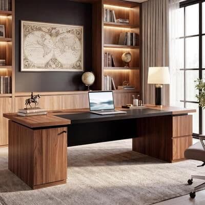 BLUEBELL "102.3"" Large Wood Executive Office Desk with Storage, Oversized Modern Computer Desk with 2 File Drawers, 2-Tier Cabinet"
