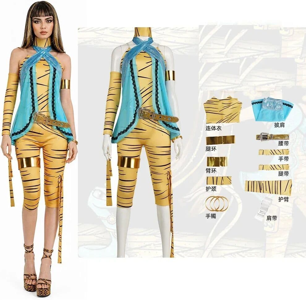 NONE Cleo De Nile Bodysuit Cosplay Costumes Yellow Suit Belt and Props Full Set Cleopatra Style for Halloween Roleplay Adults Suit