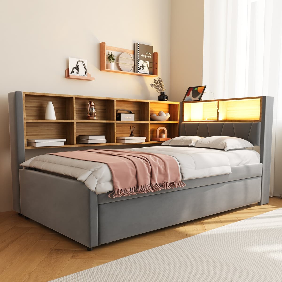 MODFU Gestoffeerde slaapbank en uitschuifbaar bed met LED-verlichting, stopcontacten en opbergvakken, donkergrijs, inclusief matras, B/D/H: 90 x 200 cm en 90 x 190 cm