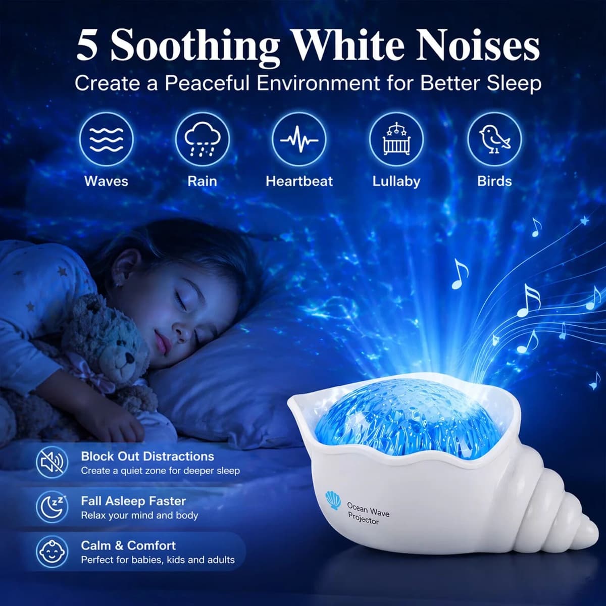 NONE 2026 Conch Ocean Wave Light Projector, 7 Colors Changing Dynamic Ripple Light Dimmable  5 White Noise Mood Lighting Cool Gifts