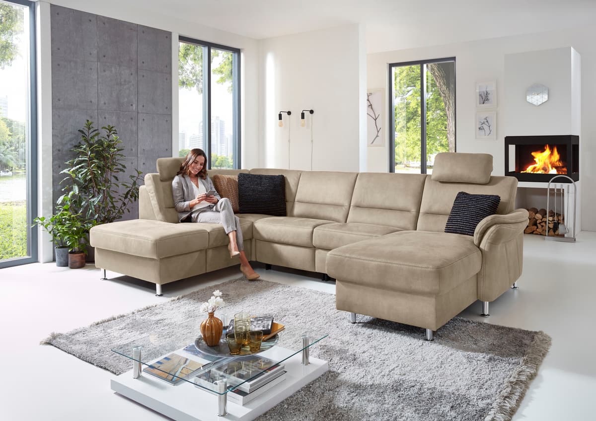 Wohnlandschaft DIE PLANBAR "ZE-EM16033 U-Form, Breite 316 cm", deluxe mandel, B:316cm T:203cm, 100% Polyester, Sofas, Wohnlandschaft, wahlweise mit Kopfstützen und echt bezogenem Rücken