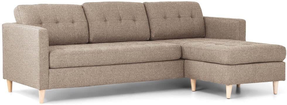 Marino sofa, sjeselong høyre eller venstrevent i stoff lysebrun, med treben.