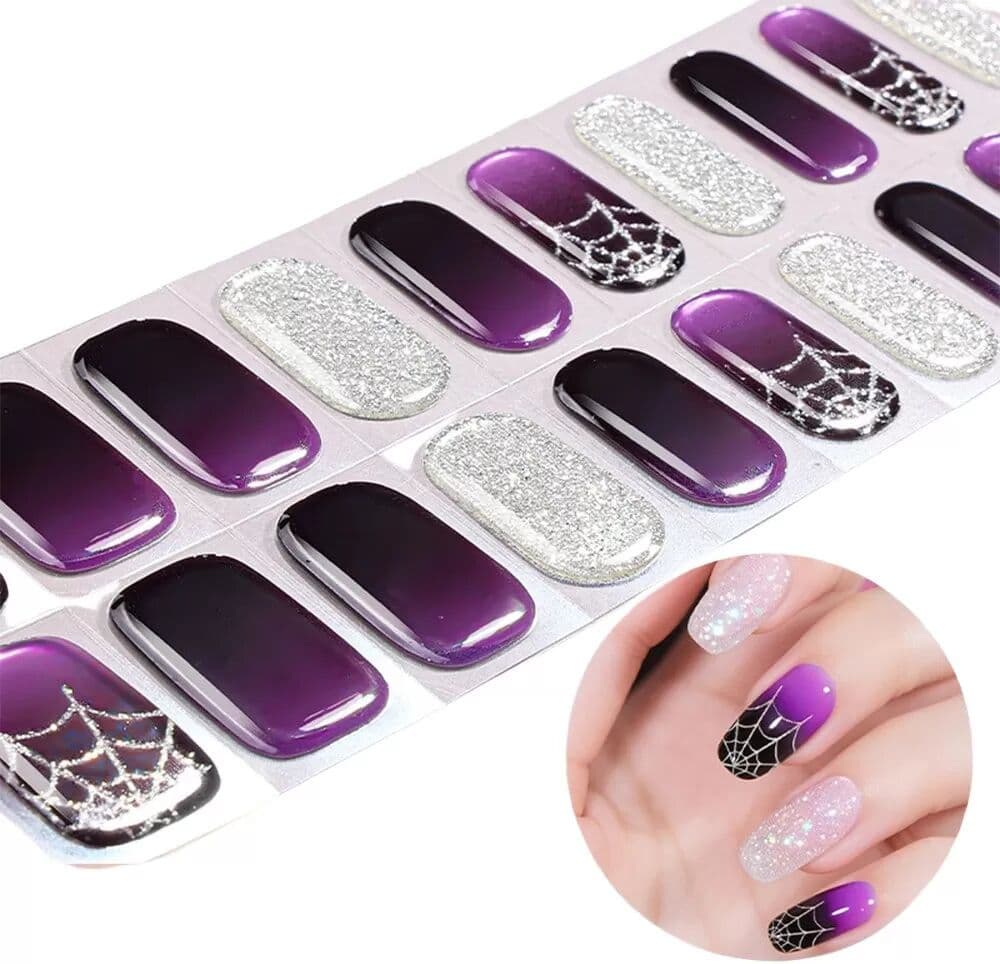 INF Autocollants d'ongles semi-cuits à effet lumineux Halloween - Motifs de toile d'araignée UV LED