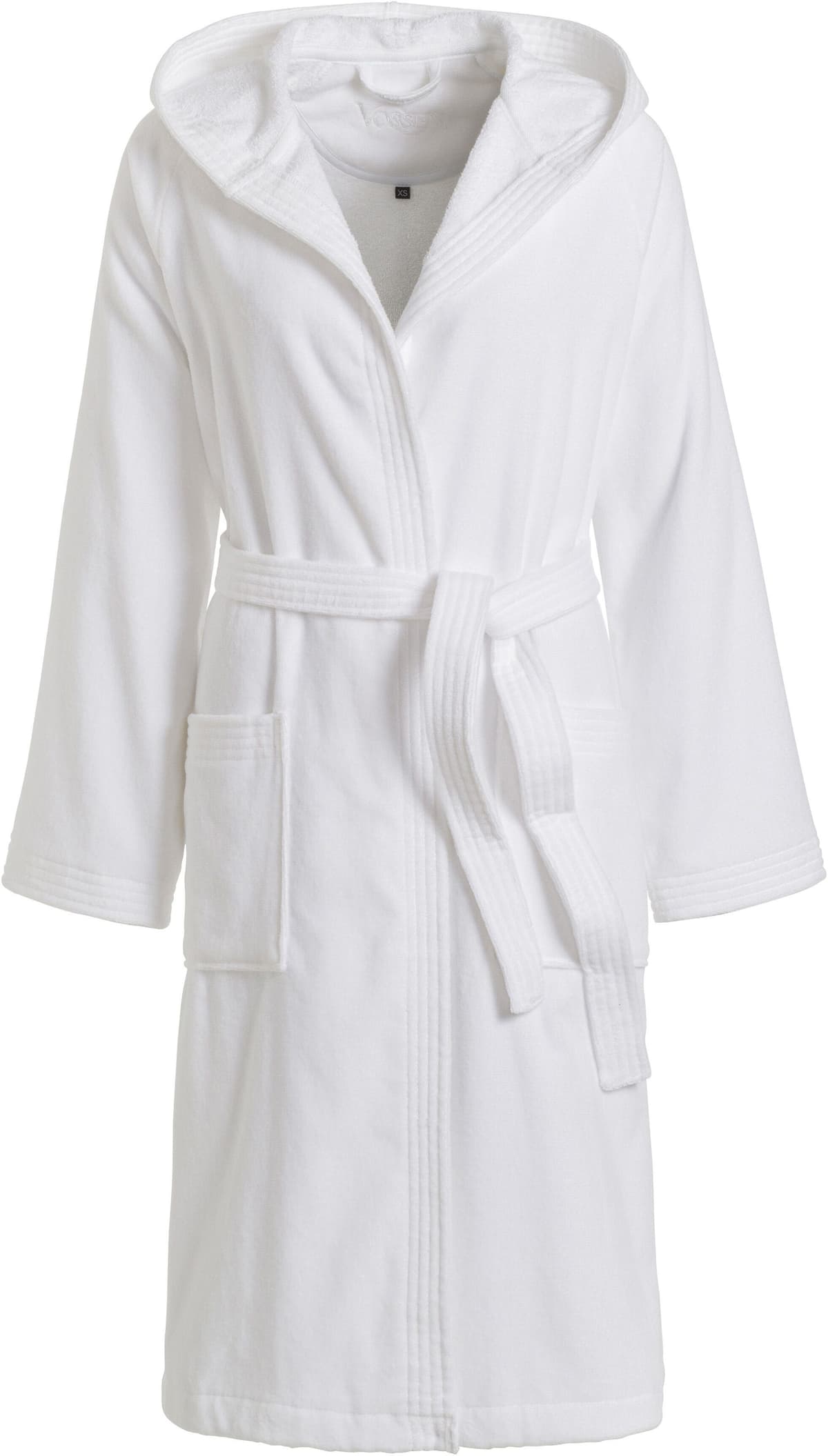 Unisex-Bademantel VOSSEN "Texas, ideal für Sauna & Spa, Hotelbademantel, Morgenmantel" Gr. L, weiss (weiß), L:112cm, Webvelours, Hausmäntel, Unisex-Bademantel, für Damen & Herren weiß L L: 112cm
