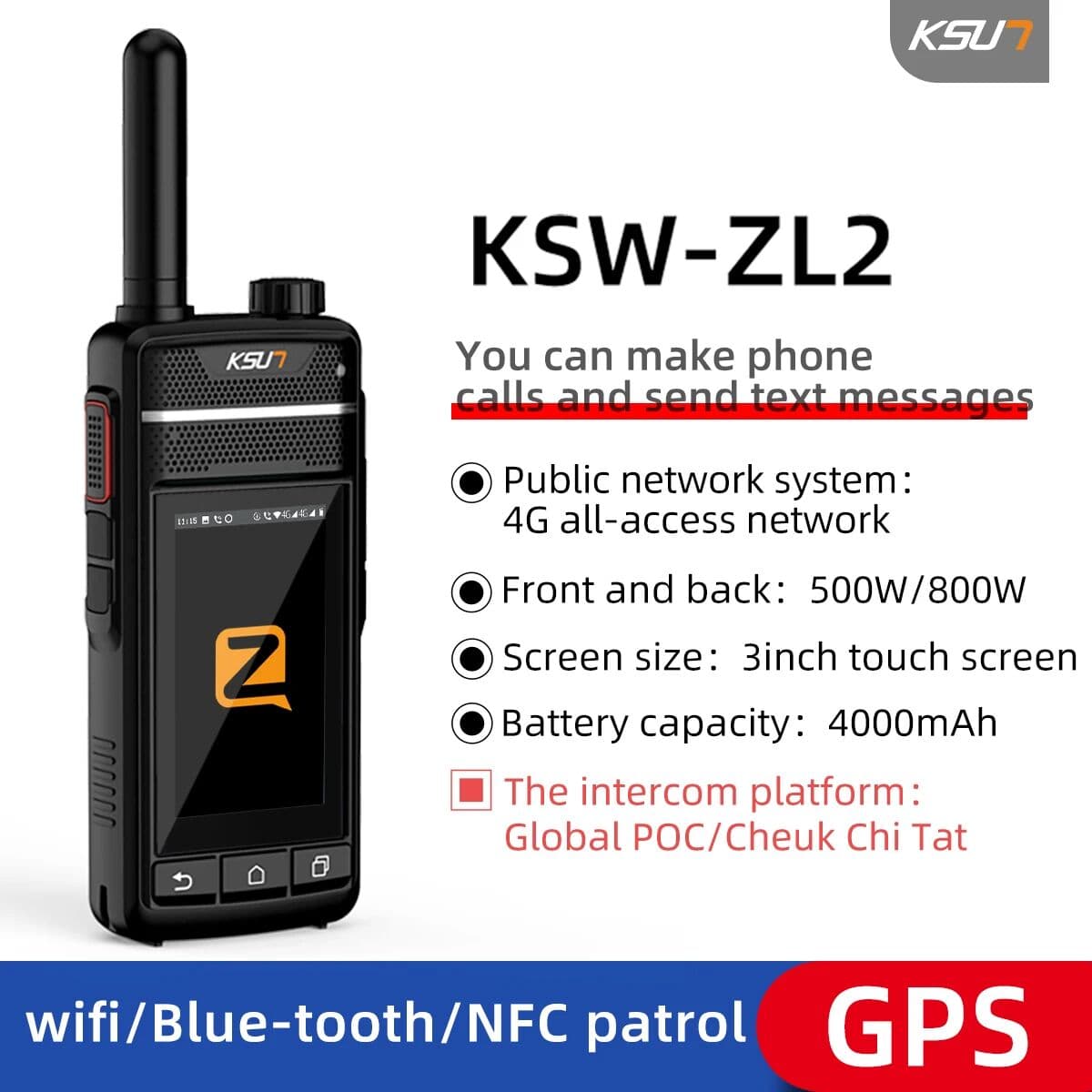 Global POC Walkie Talkie Compatible Zello Visual Walki Talki Wifi GSM Blue Tooth NFC GPS FM Radio Smart Walkie Talkie KSUT ZL2