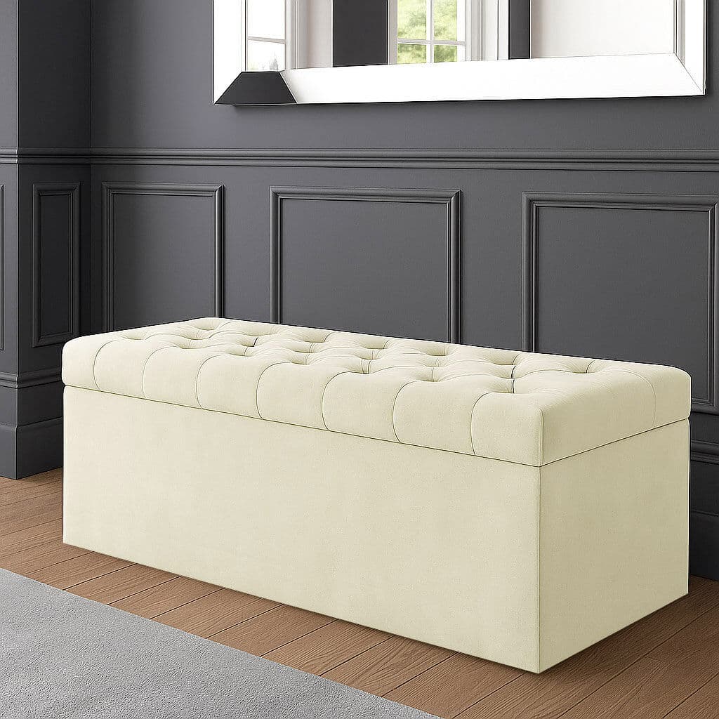 R&M Furnishers SD Plush Velvet Chesterfield Upholstered Ottoman Storage Box Cream 43cm H x 150cm W x 40cm D
