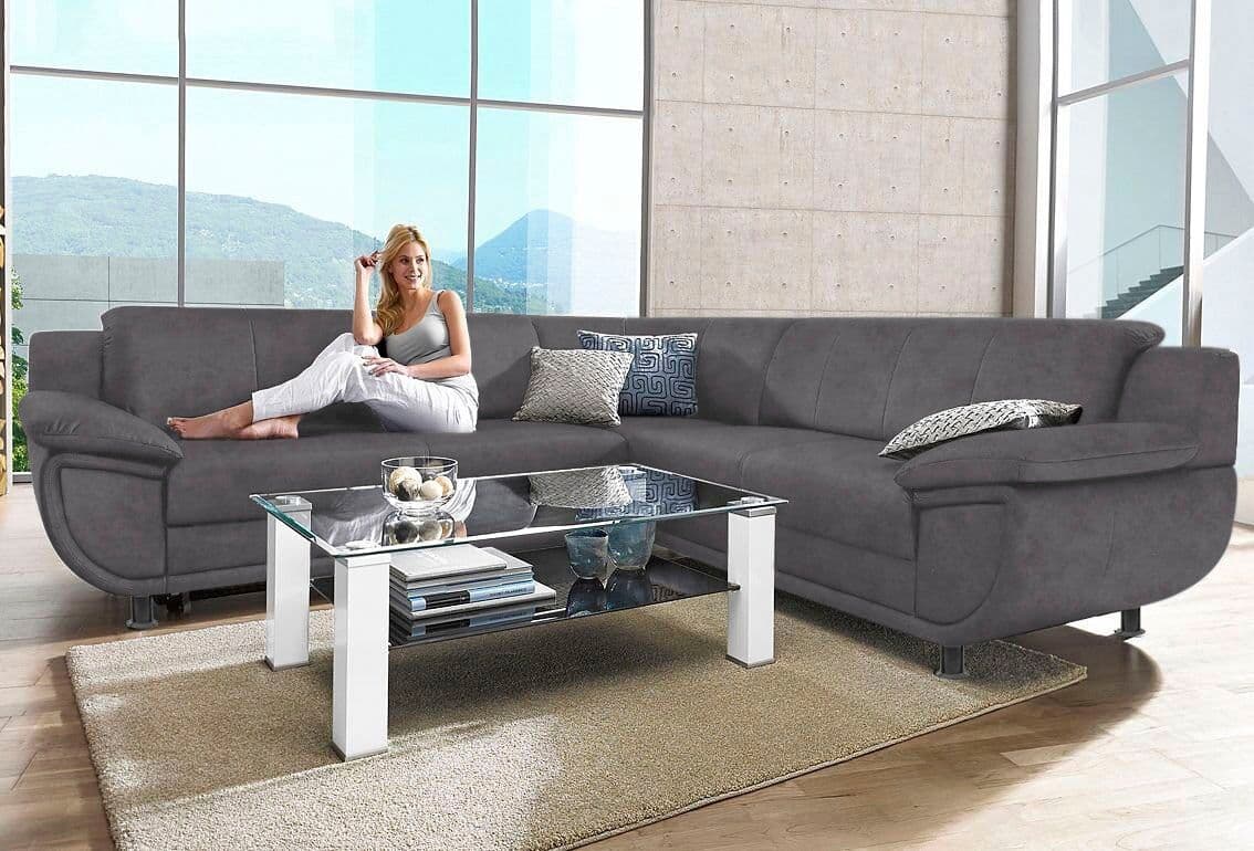 Ecksofa TRENDMANUFAKTUR "Rondo 267 cm, optional mit Schlaffunktion, breite Armlehnen", grau (anthrazit), B:267cm H:85cm T:247cm, Kunstleder SOFTLUX;Microfaser PRIMABELLE (100% Polyester);NaturLEDER (echtes Rindsleder);Struktur (54% Polyacryl, 46% Polyeste