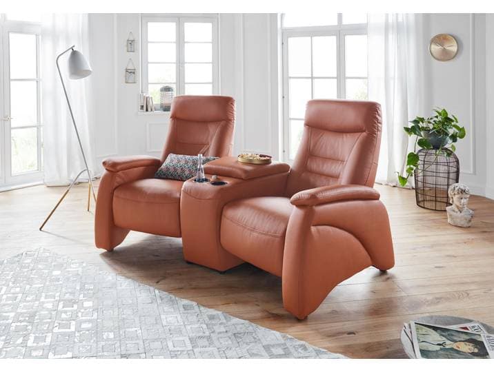 2,5-Sitzer EXXPO - SOFA FASHION Ascoli, Kinosofa mit hohem Sitzkomfort, bequeme Armlehnen , braun (cognac), B:199cm H:106cm T:99cm, NaturLEDER (echtes Rindsleder) in Sitz und Rücken. Korpus in passendem Kunstleder SOFTLUX bezogen;Velours in Lederoptik (100% Polyester), Sofas, 2 5-Sitzer, inkl. Relaxfunktion, mit Ablage und Staufach, hohe Rückenlehne