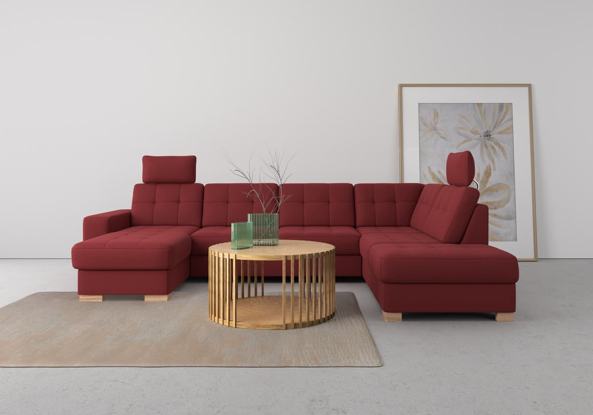 Wohnlandschaft SIT & MORE "Quincy U-Form", rot (bordeaux), B:312cm H:82cm T:213cm, Sofas, Wohnlandschaft, wahlweise mit Schlaffunktion und Bettkasten bordeaux B/H/T: 312cm x 82cm x 213cm, Luxus-Microfaser ALTARA NUBUCK®, Ottomane rechts,mit Bettfunktion,m