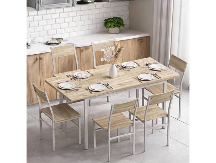 Table à manger extensible 120-160 cm avec 6 chaises compactes pour 4 à 6 personnes piètement métal et plateaux MDF effet bois