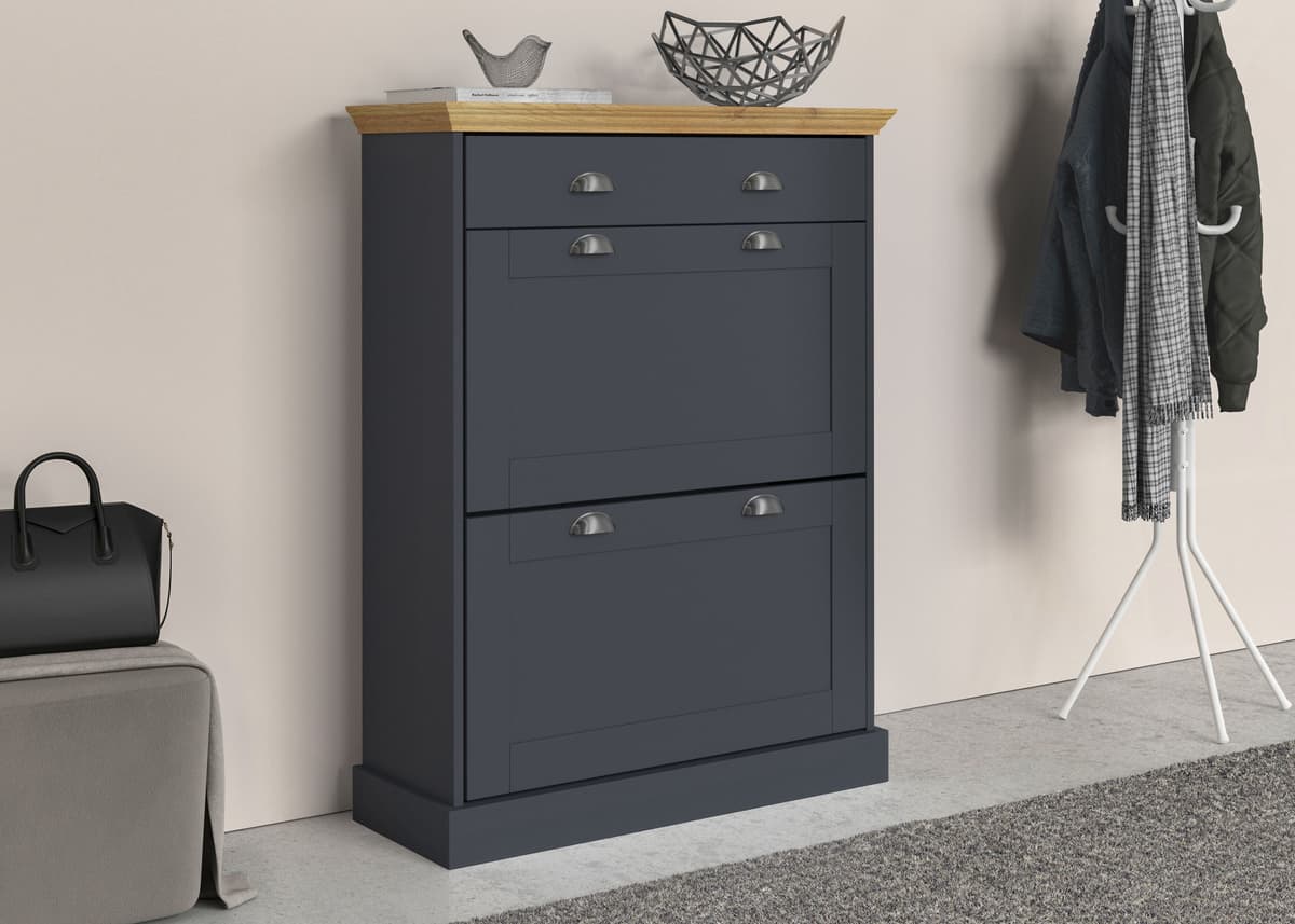 Schuhschrank OTTO HOME "Motala", grau (anthrazit, eiche), B:80cm H:105cm T:30cm, Holzwerkstoff, Schränke, Schuhschrank, mit 2 Klappen u. 1 Schublade, Platz für 12-14 paar Schuhe, Höhe 105 cm