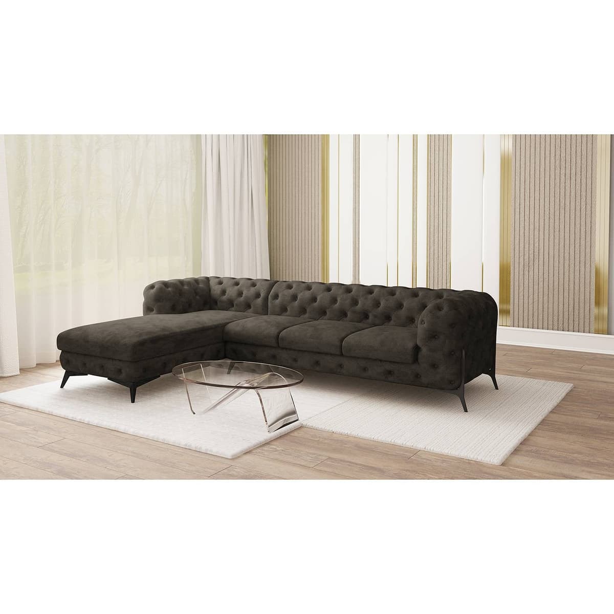 home24 Priya Hoekbank II met Ottomane, Grijs Microvezel, Breedte: 323 cm, Links