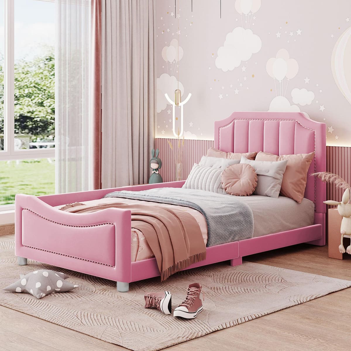 ALFORIGO Kindermatras voor kinderbed met rugleuning en armleuningen, slaapbank met 12 latten en flanellen bekleding, Roze, 90 x 200 cm