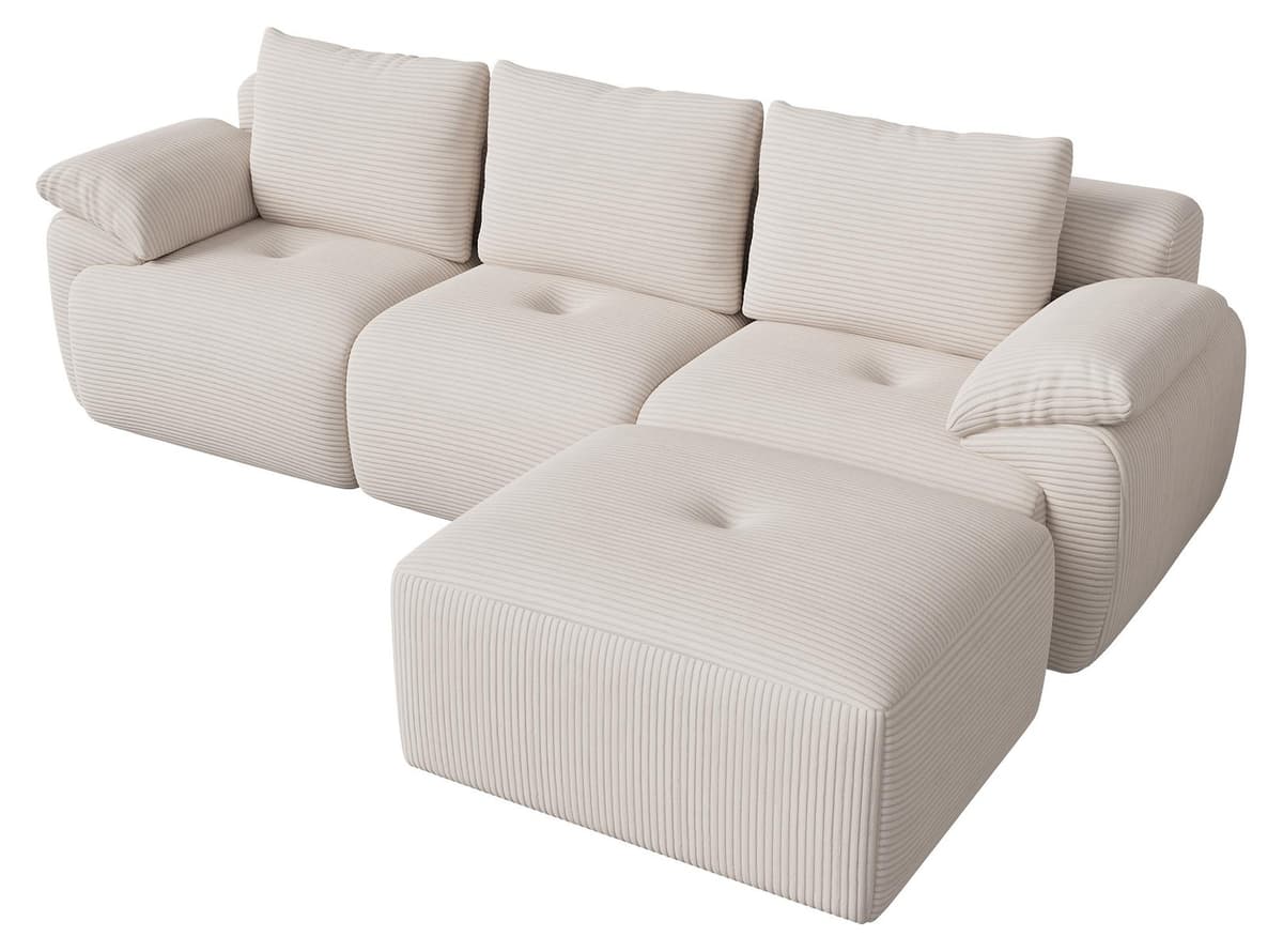 UnboxG modulaire hoekbank van cordura, 3-zitsbank met hocker, beige, B/D/H: 264 x 171 cm