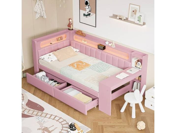 Structure de lit 90x200 cm lit enfant avec tête de lit avec LED USB bureau 2 tiroirs en lin rose