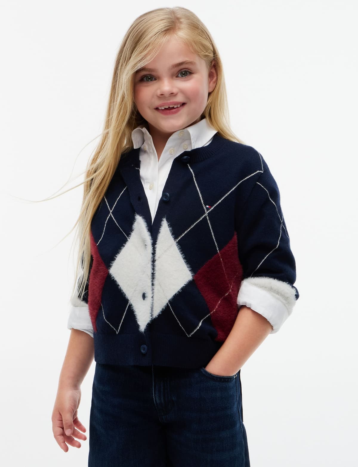 Strickjacke TOMMY HILFIGER, Mädchen, Gr. 3 (98), dunkelblau, Strick, Obermaterial: 49% Nylon, 44% Baumwolle, 7% Wolle, gemustert, regular fit normal, Rundhals, Bündchen, Strickjacken Strickjacke, mit Wolle, Regular Fit, Kinder bis 16 Jahre dunkelblau 3 (9