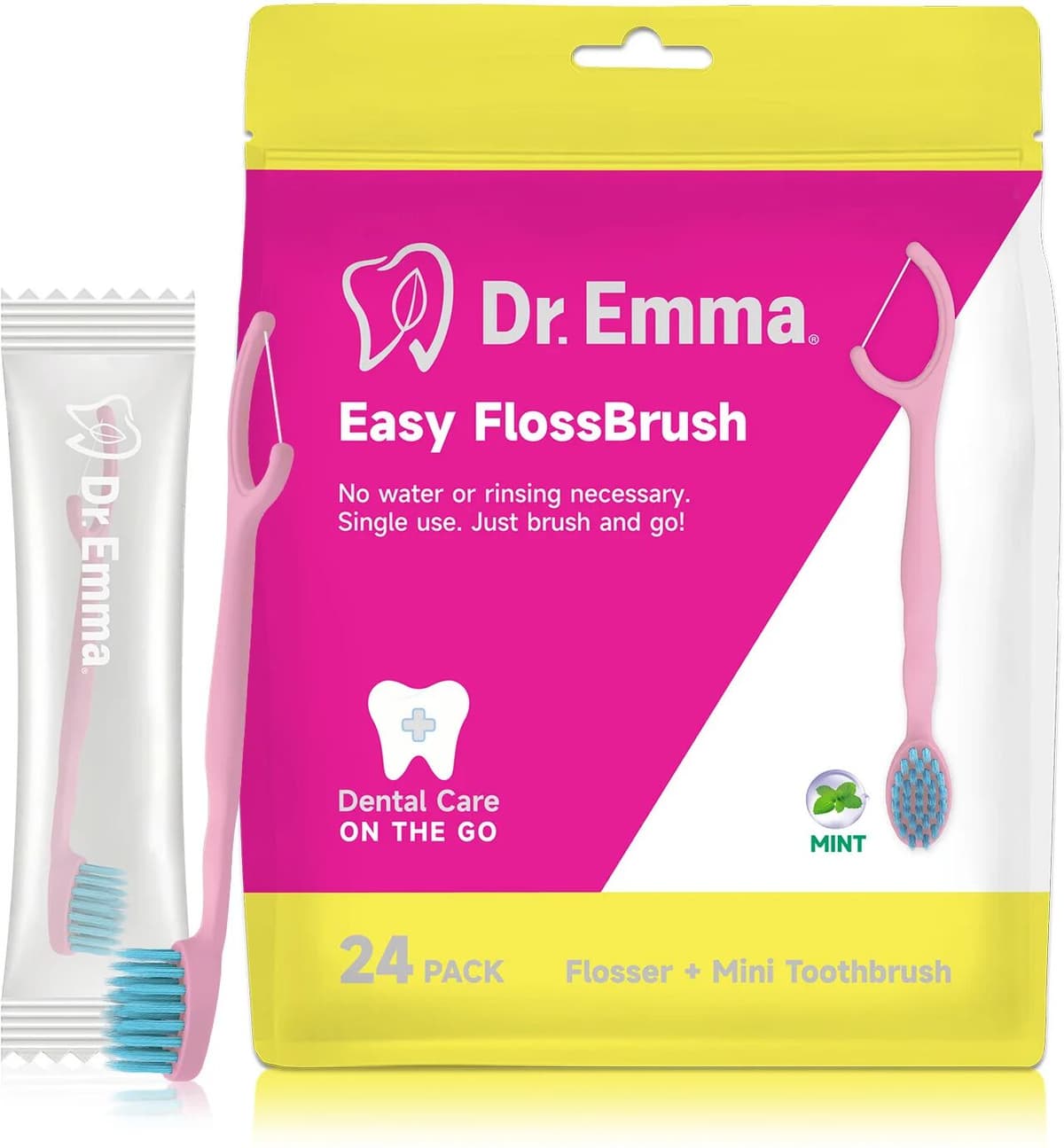 JNSUR Dr. Emma 2-in-1 Travel Toothbrush Set   Disposable Portable Kit with Mini Toothbrush, Flosser & Toothpaste   Mint Fresh Breath,