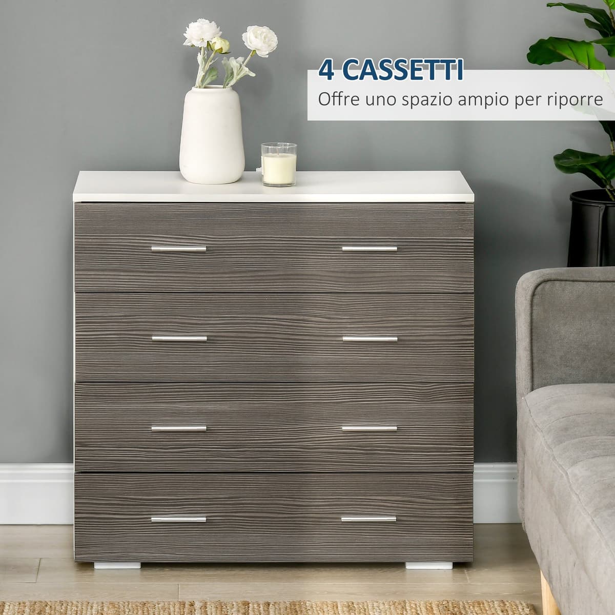 giordanoshop Cassettiera 4 Cassetti con Maniglie in Alluminio e Struttura in Legno 76x35x72 cm Bianco Grigio...