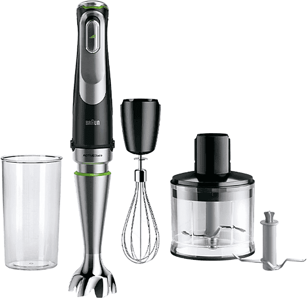 Batidora de mano - Braun Minipimer 9 MultiQuick MQ9135XI, 1200W, Vaso 0.6 l, Active PowerDrive, EasyClick Plus, 3 Accesorios + Picadora, Inox