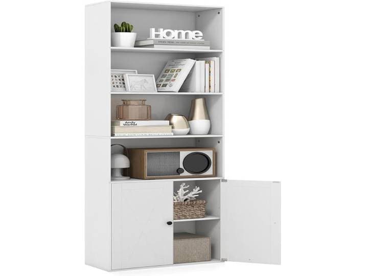 GOPLUS Bibliothèque Autoportante à 6 Étagères avec Portes de Style Ferme et Étagères Réglables pour Bureau Salon Étude Blanc