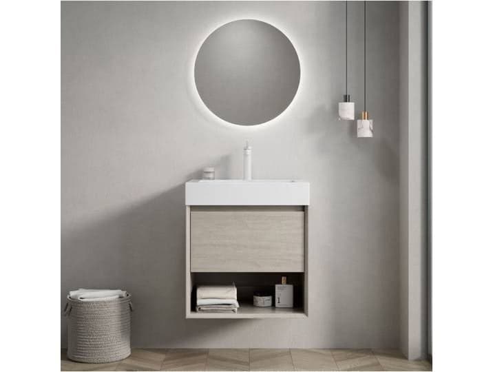 Meuble sous Vasque 1 Tiroir et Niche Ouverte Vasque en Résine Blanche Chêne Clair 55×46×60 cm - UVRION