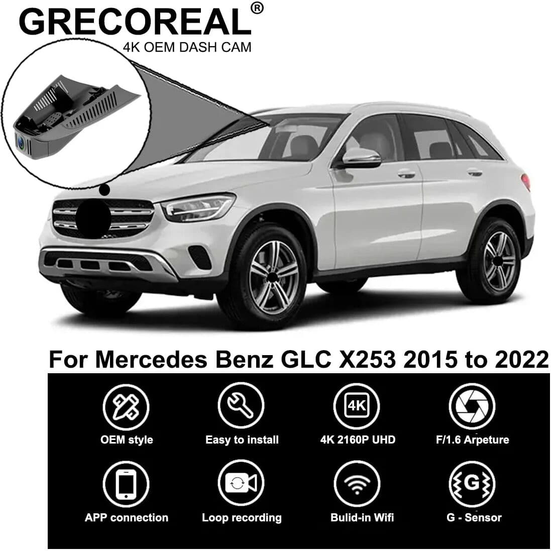 GRECOREAL 4K Dash Cam Front and Rear 2160P WiFi Car Dual Dashcam Plug Play Compatible with Mercedes Benz GLC X253 C253 AMG