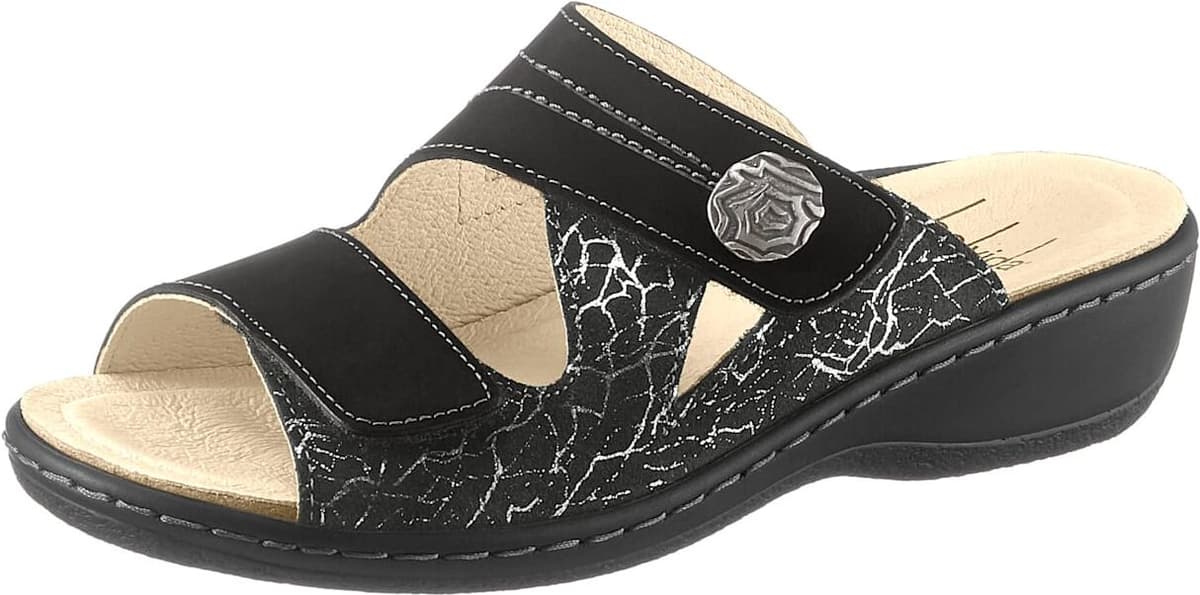 Pantolette BELVIDA, Damen, Gr. 39, Leder, schwarz (schwarz, bedruckt), Glattleder, Nubukleder, Schuhe Pantolette schwarz, bedruckt 39, Leder