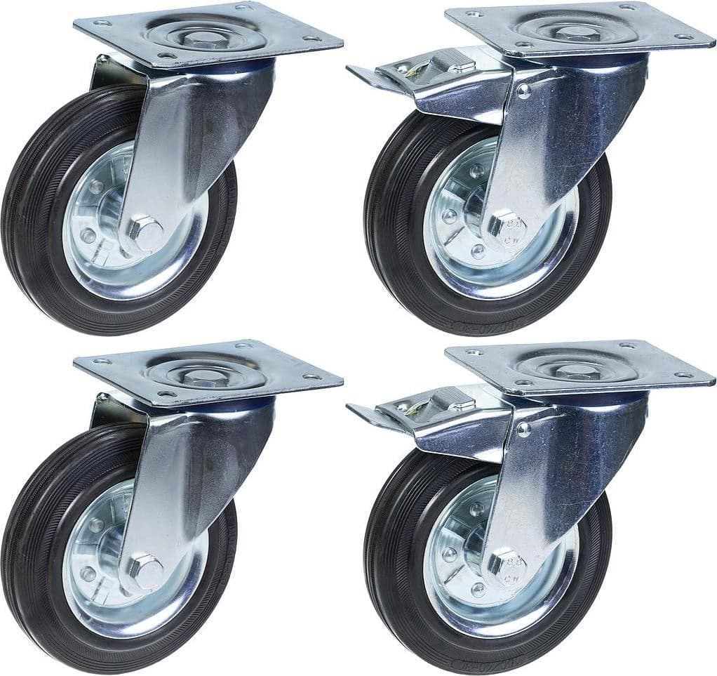 ZHONGSHAN Set van 4 zwenkwielen met rubberen band, 200mm (8 inch), met rem, draaibaar, draagvermogen 800kg