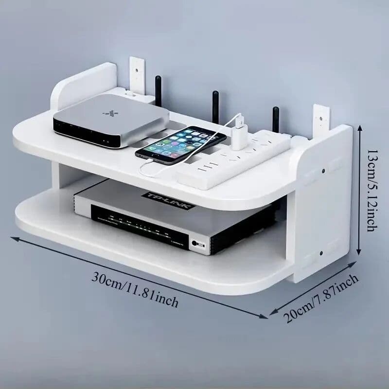 NONE 2-Tier No-Drill Wall Mount WiFi Router Storage Rack, Breathable Organizer Shelf for Optical Modem, Set-Top Box and Cable